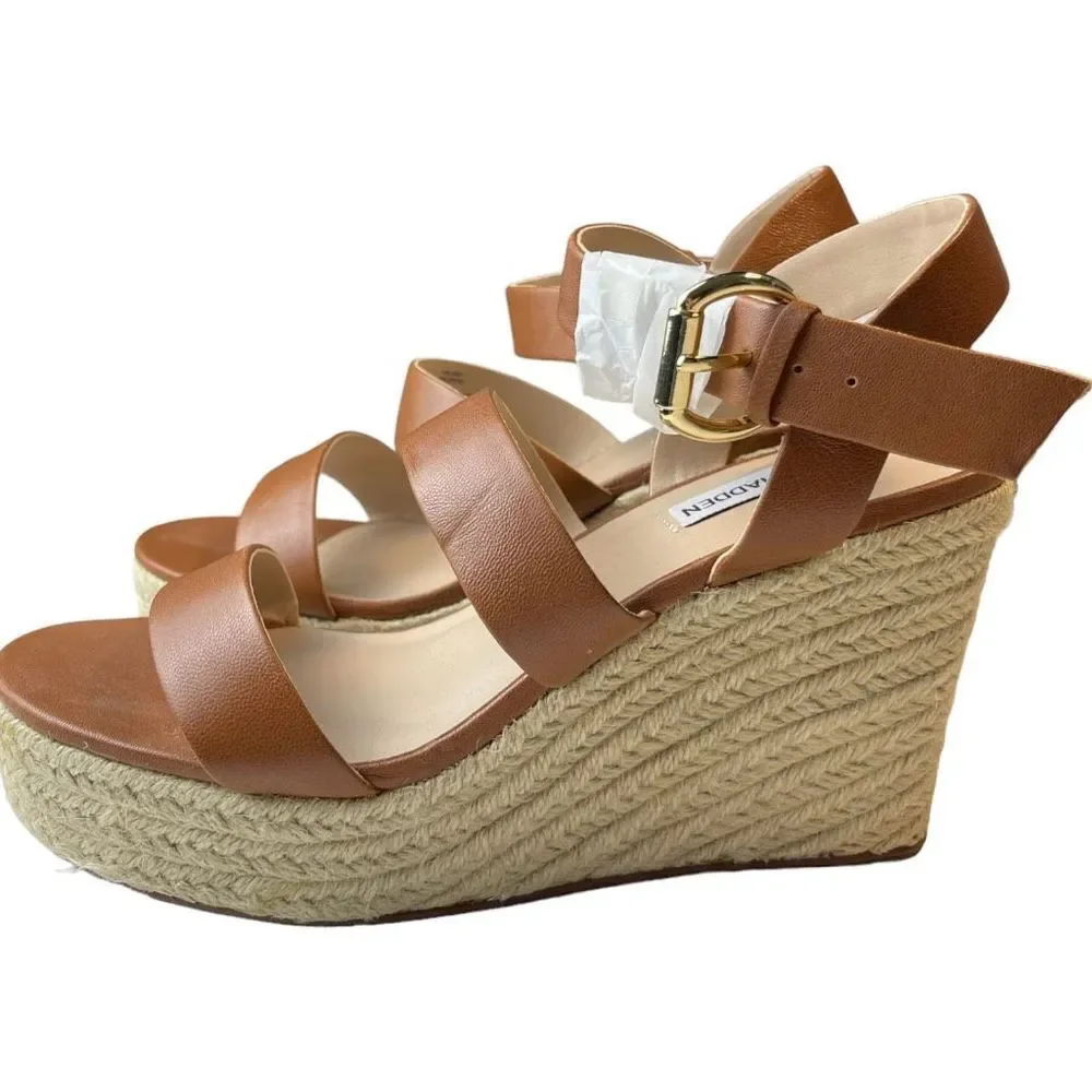 STEVE MADDEN Women's Valery Espadrille Wedge Sandals Cognac Brown Size 8.5 NEW